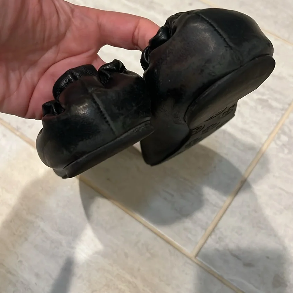 Tory Burch Black Leather Ballet Flats with Gold Logo Medallions